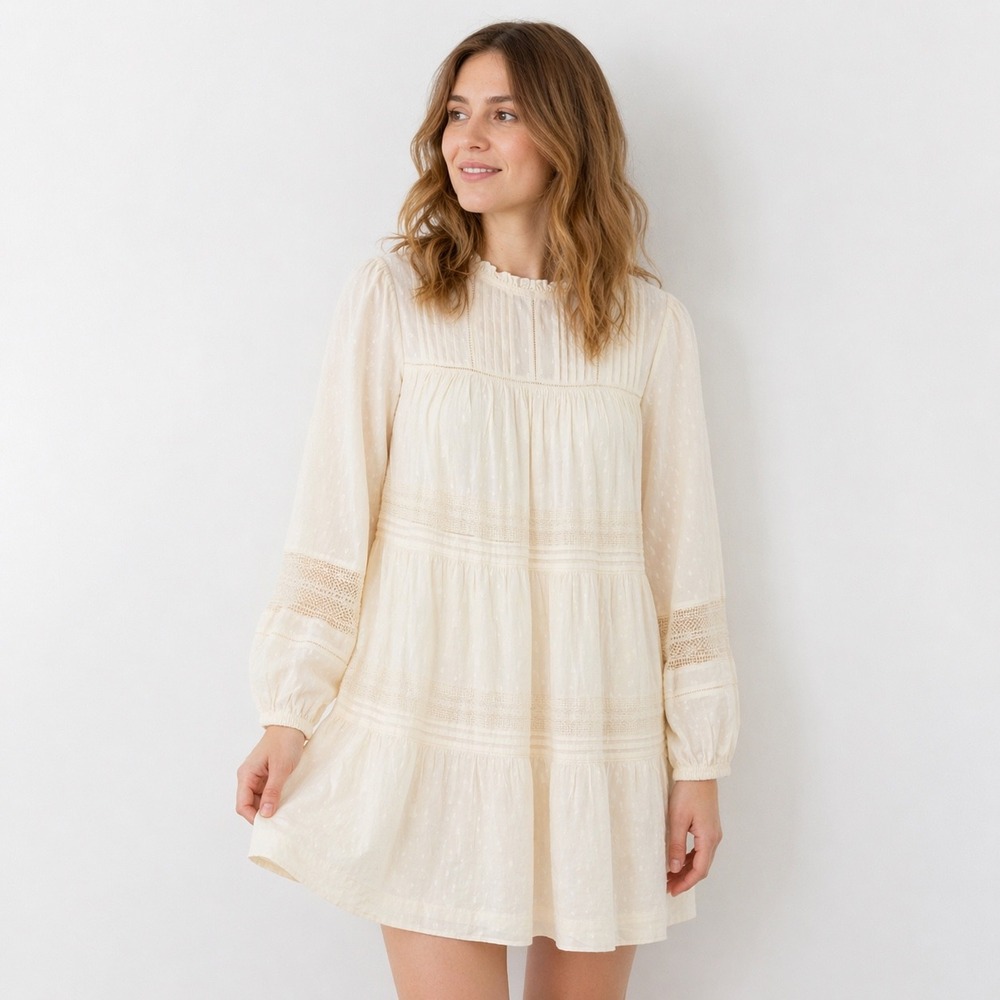 Old Navy Tiered Mini Dress Womens M Cream Lace Pintuck Clip Dot Boho Feminine